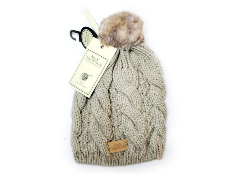Aran Traditions Cable Knitted Beanie Hat with Pom - Oatmeal